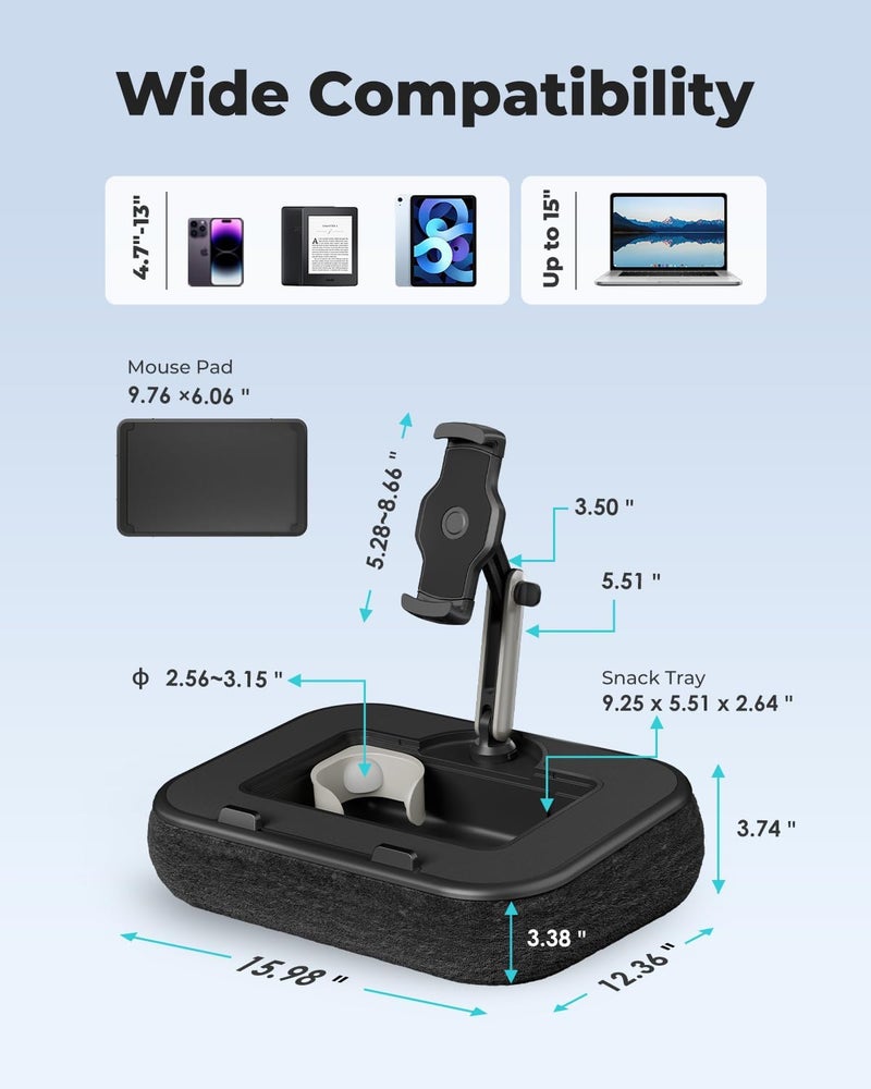 Viozon Kindle Pillow Stand Holder, Phone holder for Bed, Laptop Lap Desk with Mouse Pad,Compatible with 4.7-13" Kindle/Tablet/Phone,10-15"Laptop, Snack Bowl⋓ Attachment&Detachable 360°Stand Arm, B - Image 3